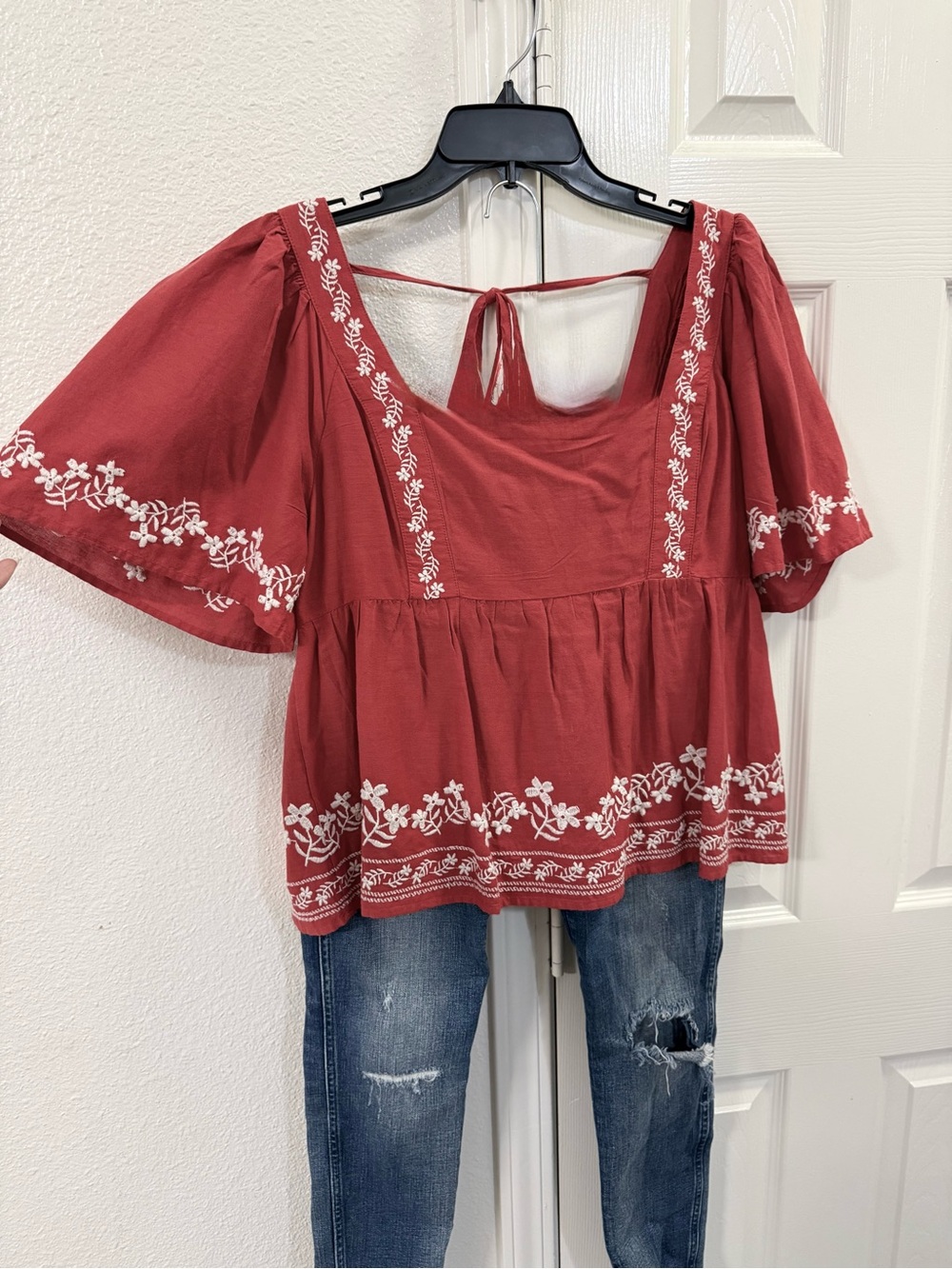 Old Navy Rust Red Embroidered Peasant Blouse
